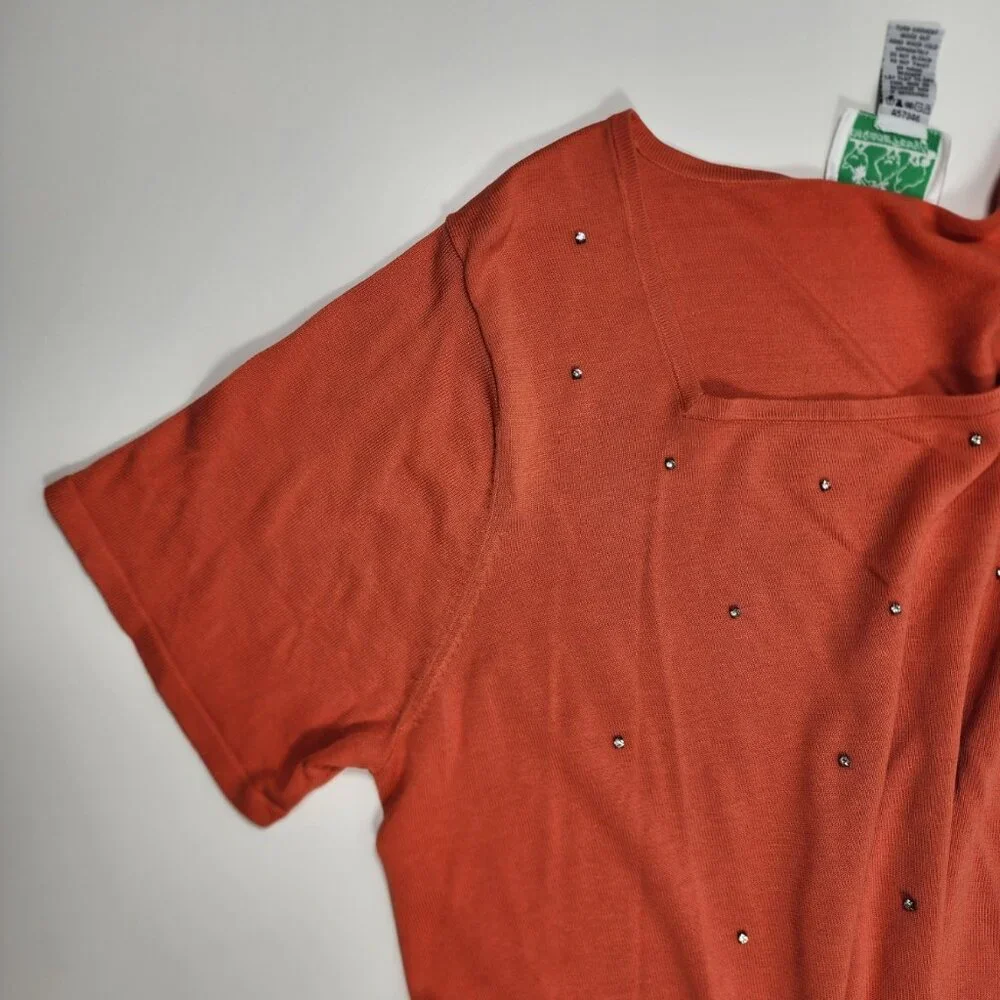 The Quacker Factory 1X Silk Cotton Orange Studded Sweater Top Square Neck Short
